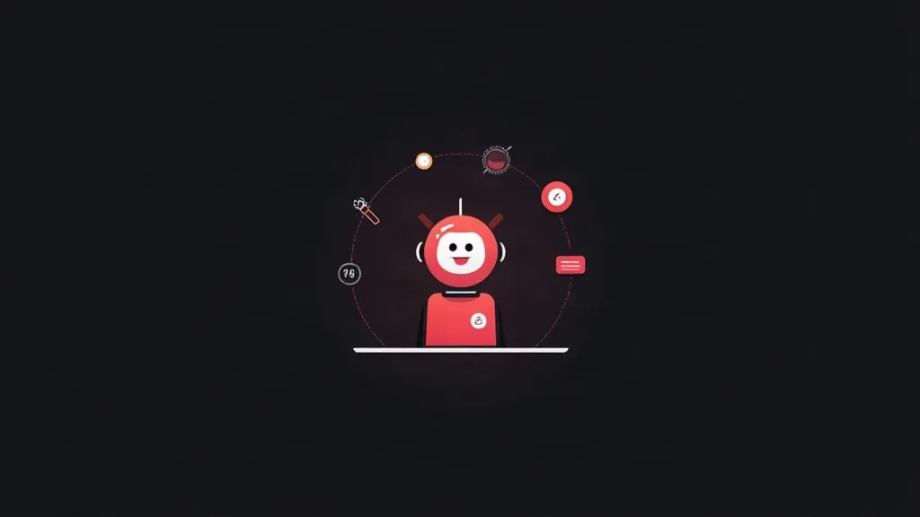 AI chatbot sa crvenim robotom na laptop ekranu sa ikonama komunikacije i tehnologije