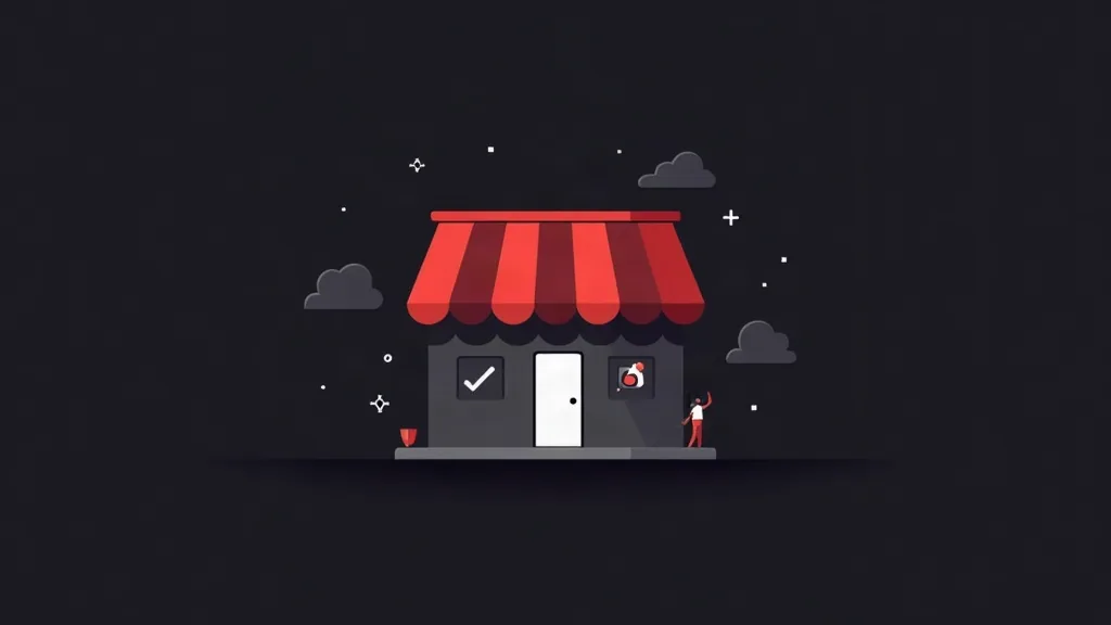 Digitalna ilustracija poslovnice sa crvenim šatorom, simbolizujući lokalnu Google poslovnu optimizaciju