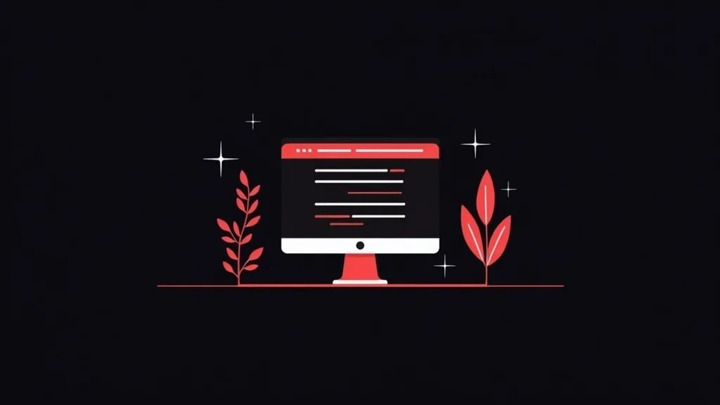 Ilustracija računara sa crvenim biljkama - simboli za kreiranje sajta za početnike