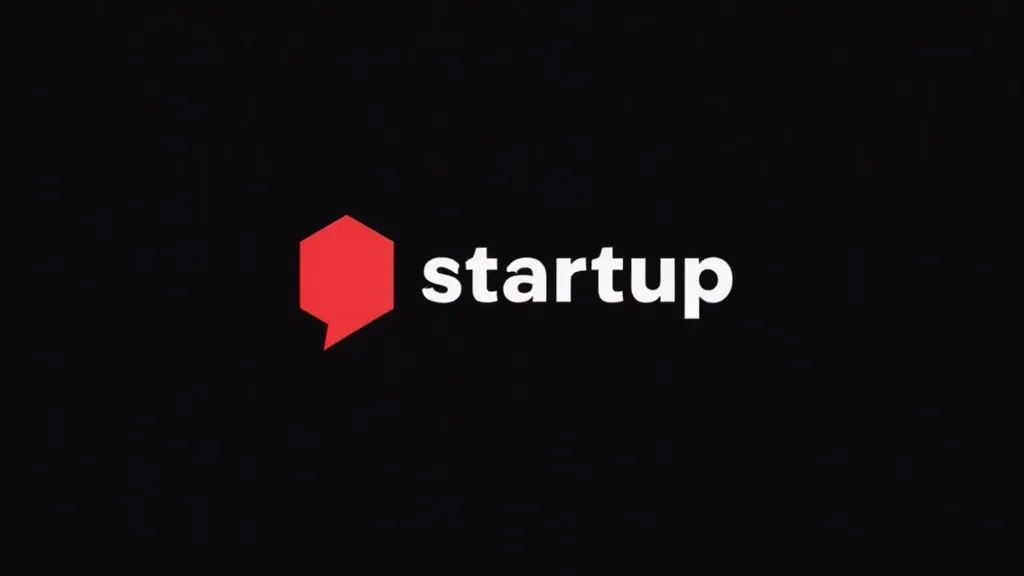 Crveni heksagon logotip startup kompanije na crnoj pozadini sa belim tekstom