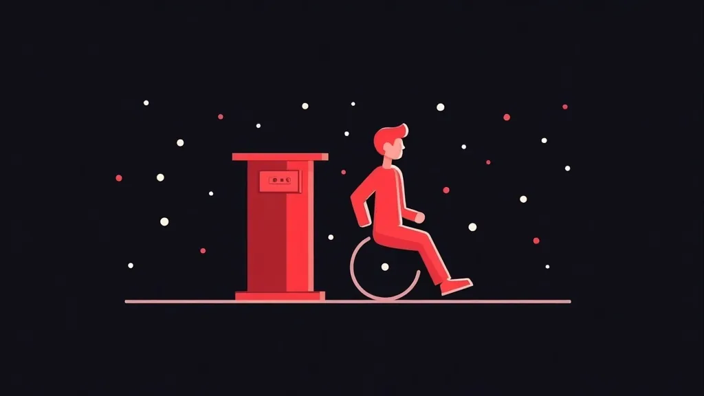Osoba u invalidskim kolicima koristi pristupačan bankomat - ilustracija web pristupačnosti i WCAG 2.2 standarda