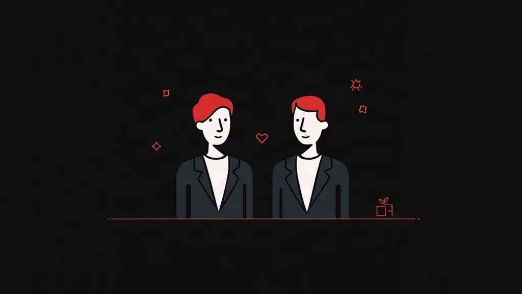 Dva poslovnjaka u sivim odelima sa crvenim šeširima, srcem i poklonima - ilustracija poslovne saradnje i odnosa.